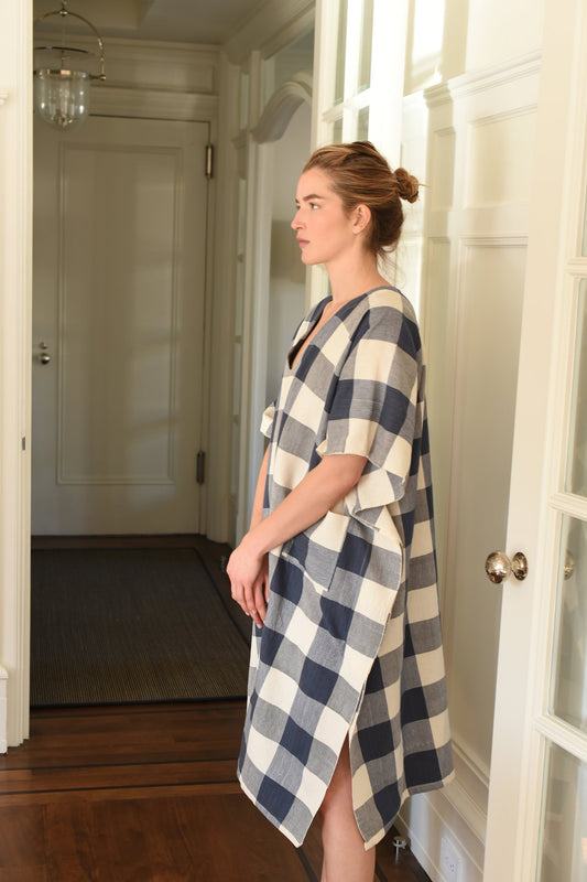 Ivory Navy Gingham V-Neck Kaftan