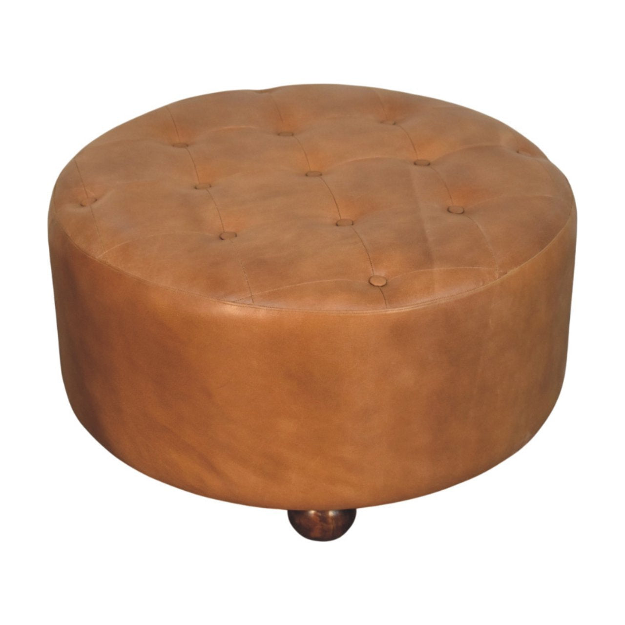 Brown Buffalo Hide Leather Upholstered Round Ottoman