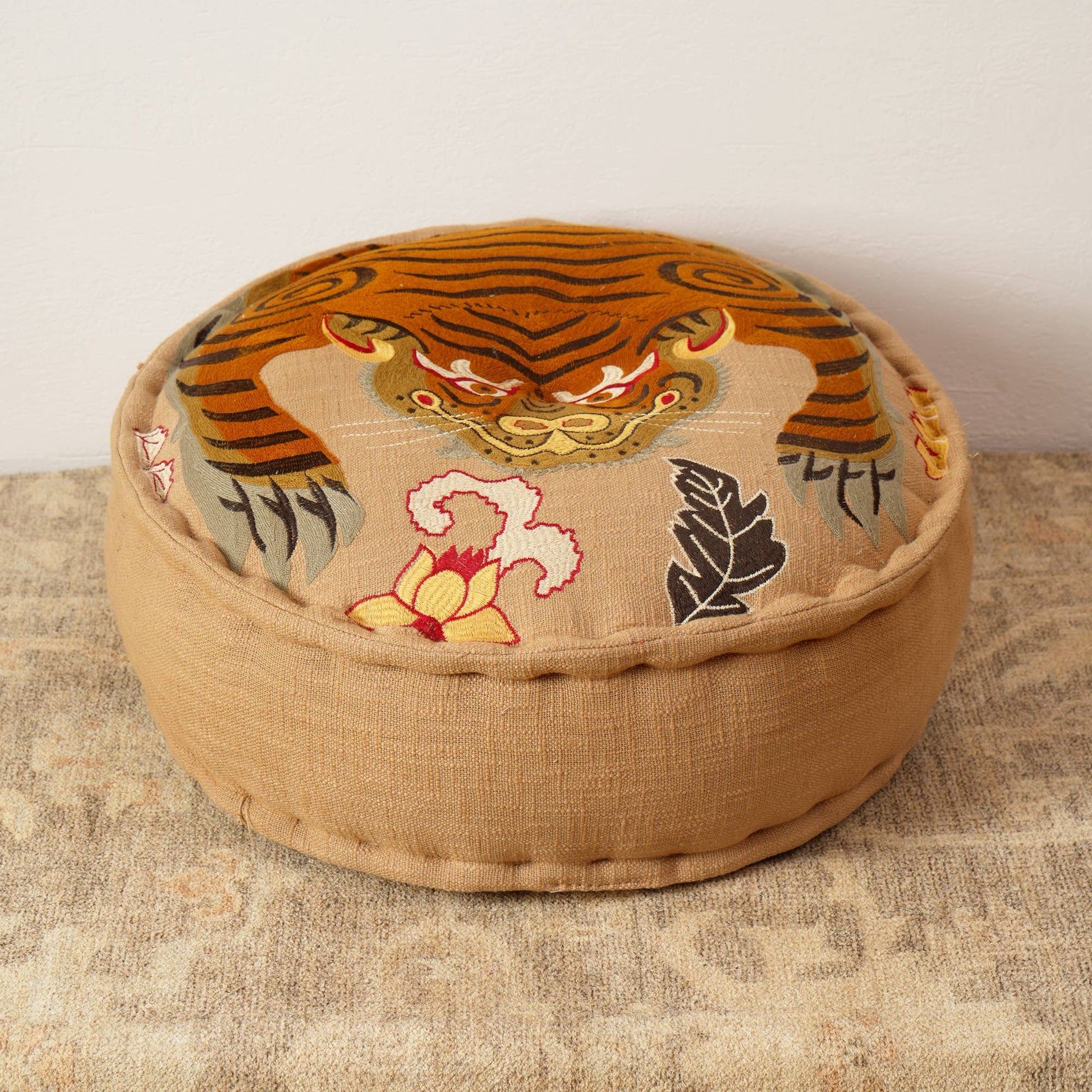 Floor Pouf with Tiger Print Embroidery