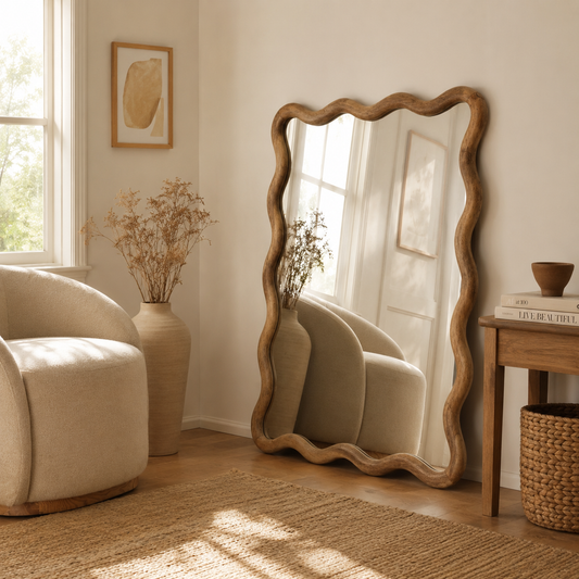 Decorative Wavy Wall Mirror with Mango Wood Frame, 36x48"
