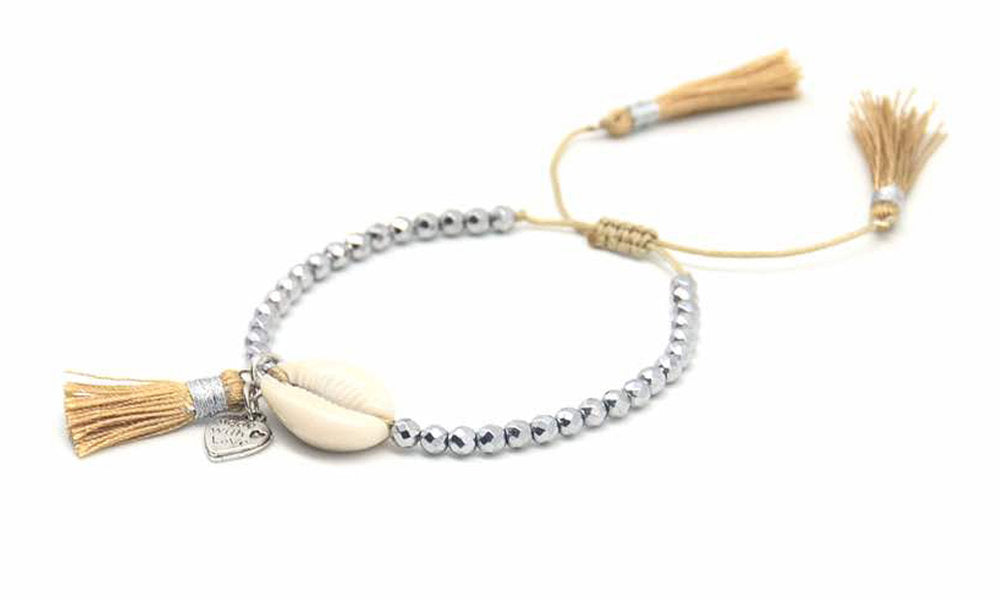 Beaded Shell Tassel Bracelet Pale Gold