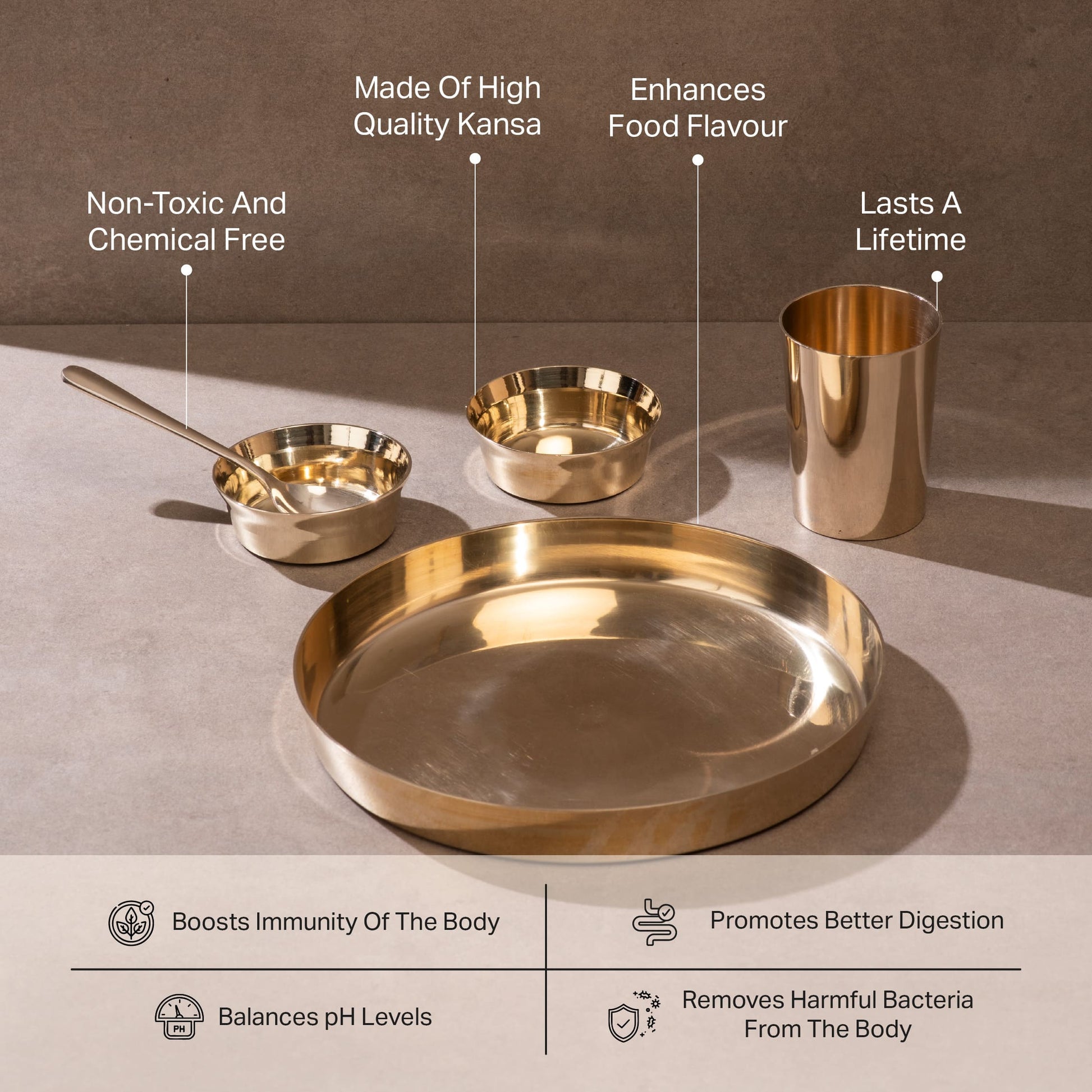 Bronze (Kansa) high hipped plate (Thaali) Set 11" - 5 pieces (1 Thaali, 2 bowls, 1 glass, 1 spoon)
