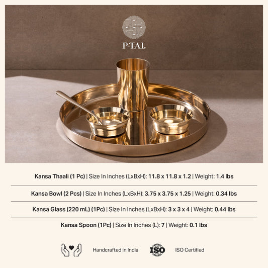 Bronze (Kansa) high hipped plate (Thaali) Set 11" - 5 pieces (1 Thaali, 2 bowls, 1 glass, 1 spoon)