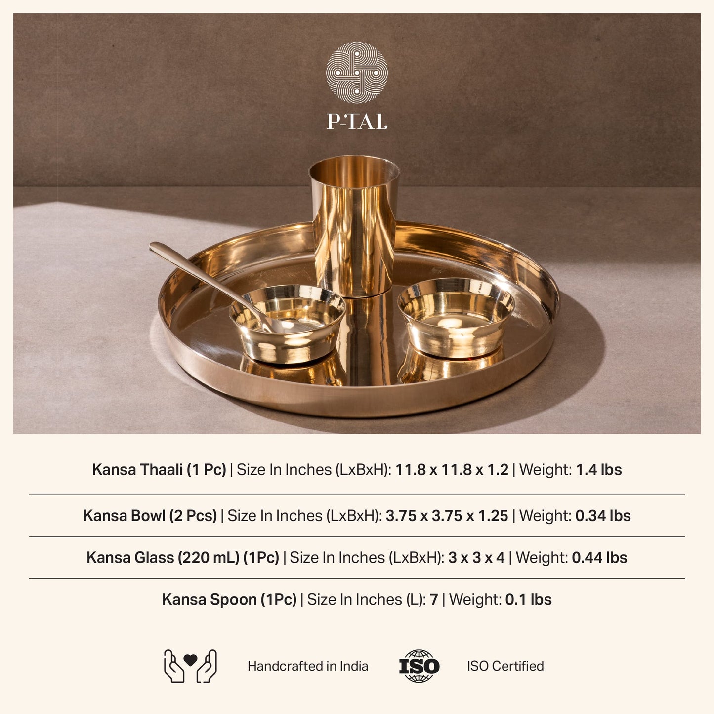 Bronze (Kansa) high hipped plate (Thaali) Set 11" - 5 pieces (1 Thaali, 2 bowls, 1 glass, 1 spoon)