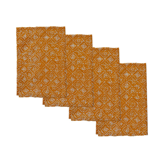 Batik Cloth Napkin Set of Four, Kamboja, Hand Dyed, 100% Cotton, Mustard, Yellow, Brown