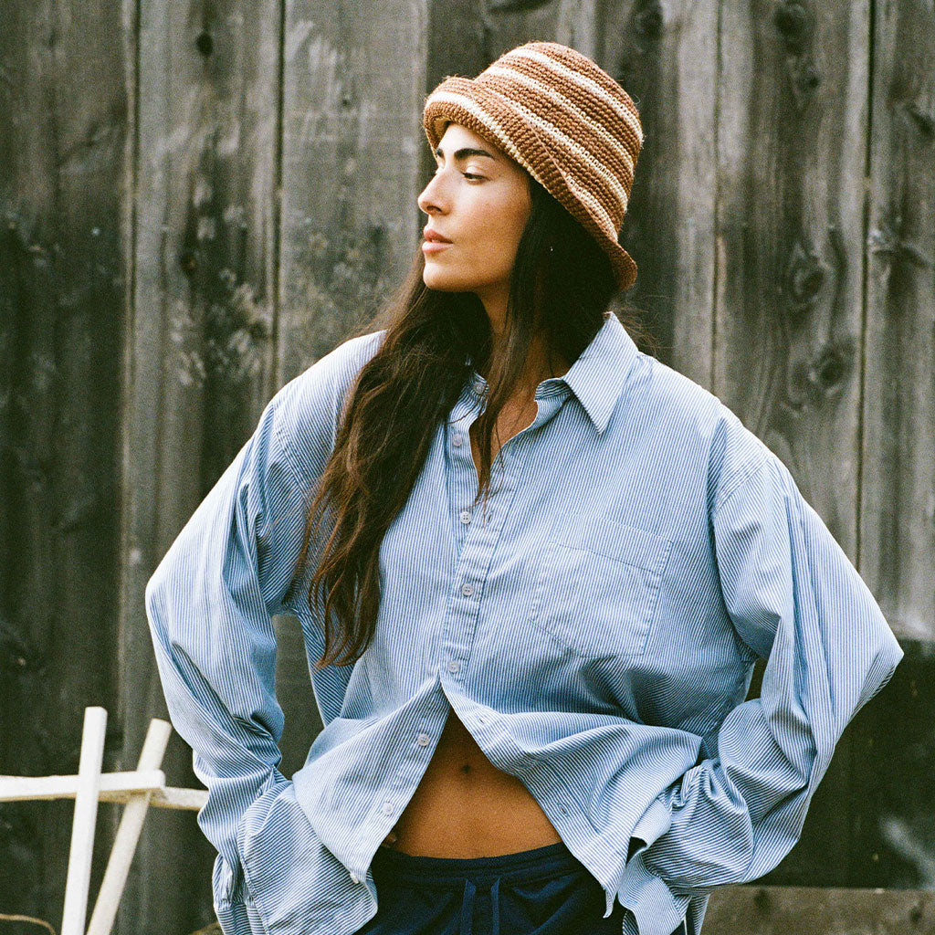 [WS] Fall Bucket Hat - Brown Striped