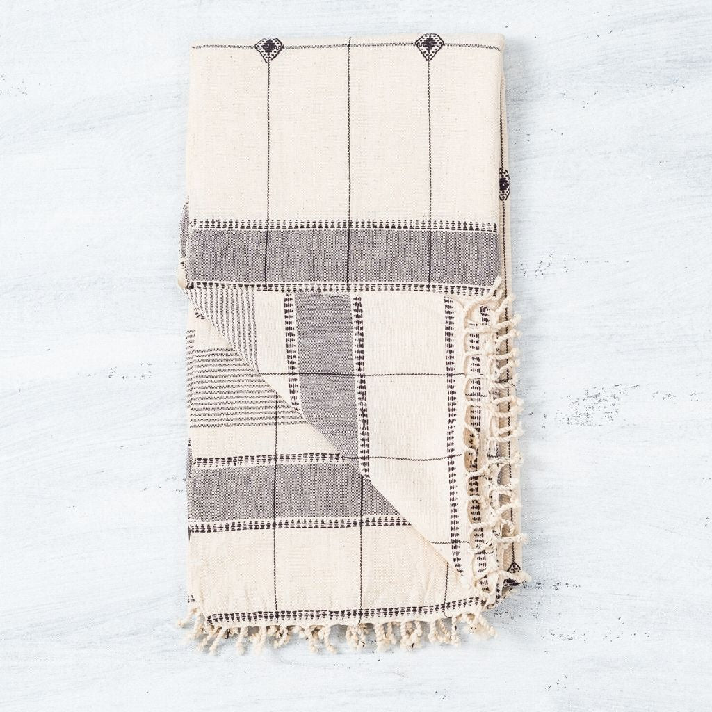 Mool Handwoven Artisanal King Size Organic Cotton Bedspread In Black & Off White