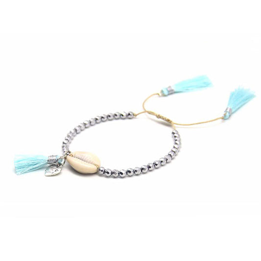 Beaded Shell Tassel Bracelet Light Blue