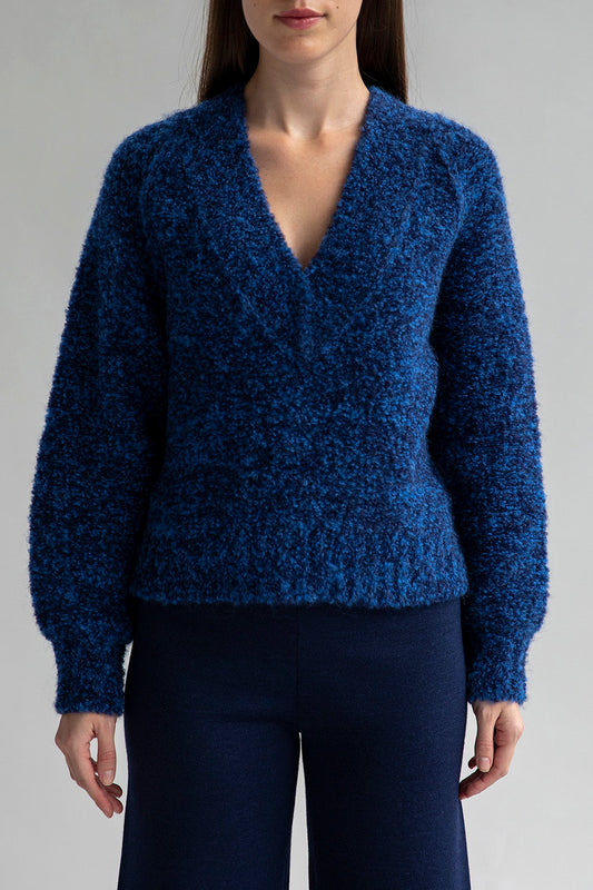 V NECK BOUCLE PULLOVER - SKY NAVY