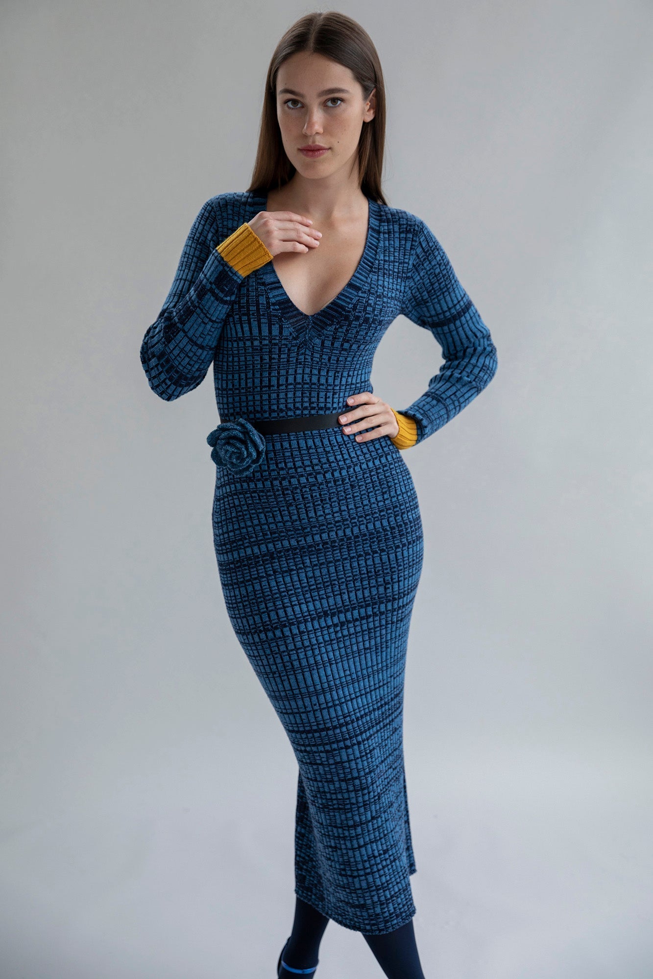 VIRA V NECK DRESS - COBALT MARL
